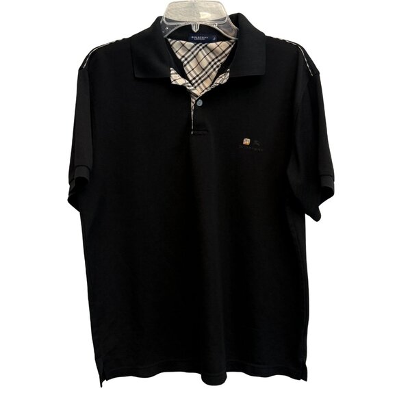 Burberry London Men's Black Short Sleeve Polo with Plaid Collar - Size Large - Picture 1 of 9